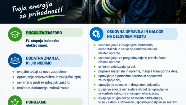 Razpis za zasedbo treh prostih delovnih mest PRIPRAVNIK JAMA – ELEKTRIKAR